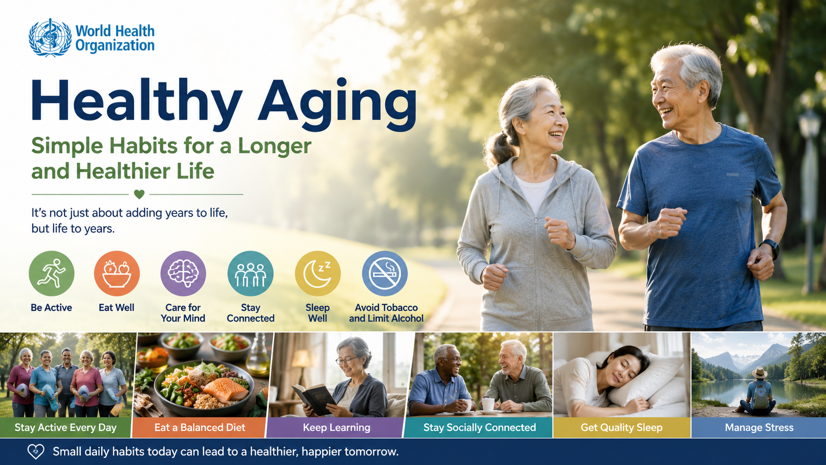 Healthy aging concept showing active older adults enjoying exercise, balanced nutrition, quality sleep, social connections, and healthy lifestyle habits recommended by the World Health Organization (WHO).