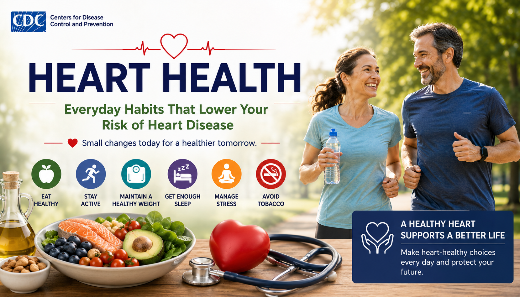 Healthy heart lifestyle concept featuring nutritious foods, regular exercise, quality sleep, stress management, and other daily habits that help reduce the risk of heart disease.