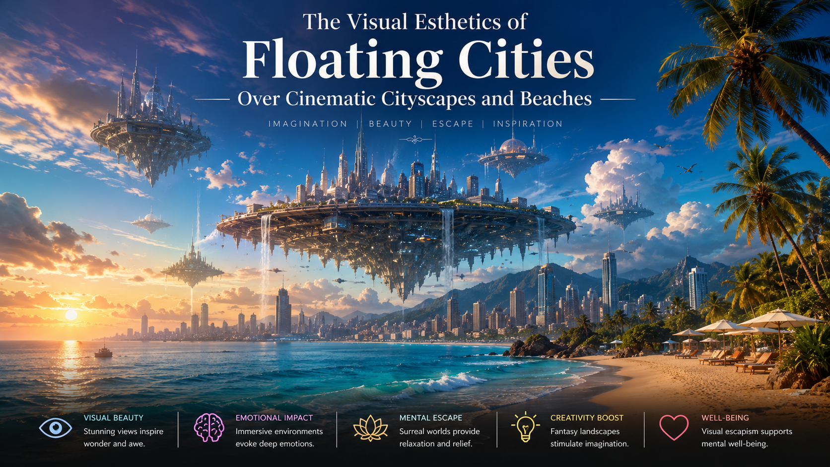 The Visual Esthetics of Floating Cities Over Cinematic Cityscapes and Beaches